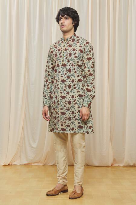 Shop_Gaurav Katta_Beige Cotton Printed Floral Kurta _Online_at_Aza_Fashions