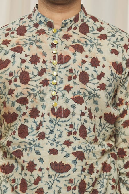 Gaurav Katta_Beige Cotton Printed Floral Kurta _at_Aza_Fashions
