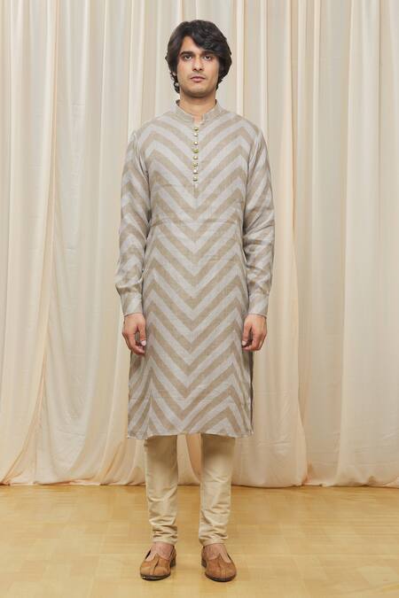 Gaurav Katta_Beige Linen Printed Chevron Kurta _Online_at_Aza_Fashions