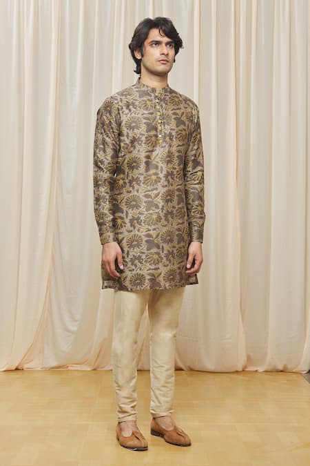 Gaurav Katta_Green Chanderi Printed Floral Kurta _Online_at_Aza_Fashions
