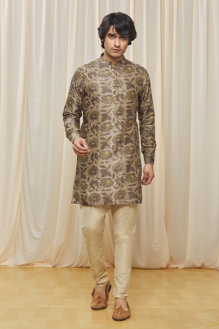 Buy_Gaurav Katta_Green Chanderi Printed Floral Kurta _Online_at_Aza_Fashions