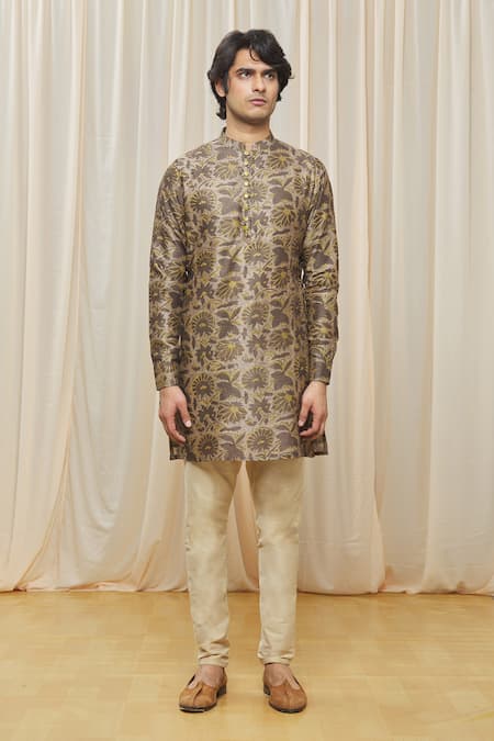 Shop_Gaurav Katta_Green Chanderi Printed Floral Kurta _Online_at_Aza_Fashions