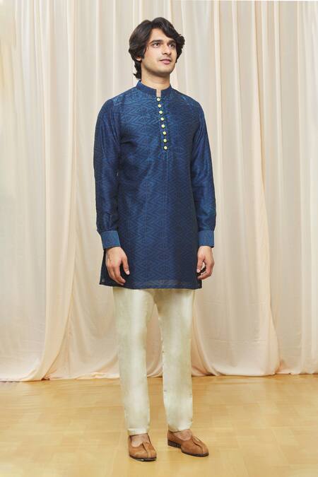 Gaurav Katta Blue Chanderi Printed Geometric Kurta Online at Aza Fashions Gaurav Katta_Blue Chanderi Printed Geometric Kurta _Online_at_Aza_Fashions
