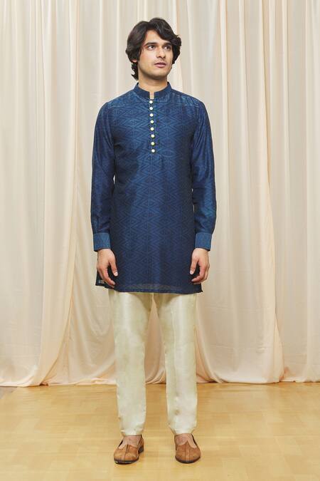 Shop Gaurav Katta Blue Chanderi Printed Geometric Kurta Online at Aza Fashions Shop_Gaurav Katta_Blue Chanderi Printed Geometric Kurta _Online_at_Aza_Fashions