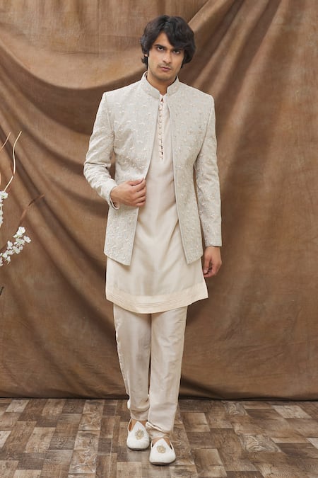 Buy_Kora By Nilesh Mitesh_White Jodhpuri Nysha , Mysore Floral Embroidered Jacket Kurta Set_Online_at_Aza_Fashions