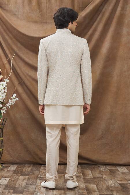 Shop_Kora By Nilesh Mitesh_White Jodhpuri Nysha , Mysore Floral Embroidered Jacket Kurta Set_at_Aza_Fashions