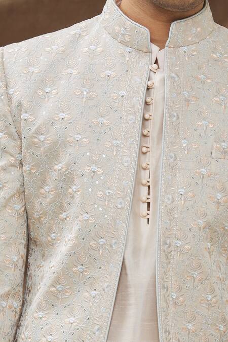 Shop_Kora By Nilesh Mitesh_White Jodhpuri Nysha , Mysore Floral Embroidered Jacket Kurta Set_Online_at_Aza_Fashions