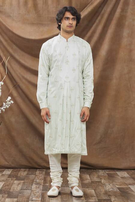 Kora By Nilesh Mitesh_White Silk Blend, Handloom Fabric Thread Work Sherwani Set_Online_at_Aza_Fashions
