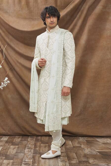 Buy_Kora By Nilesh Mitesh_White Silk Blend, Handloom Fabric Thread Work Sherwani Set_Online_at_Aza_Fashions