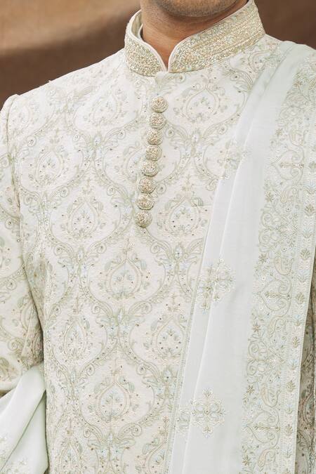 Shop_Kora By Nilesh Mitesh_White Silk Blend, Handloom Fabric Thread Work Sherwani Set_Online_at_Aza_Fashions