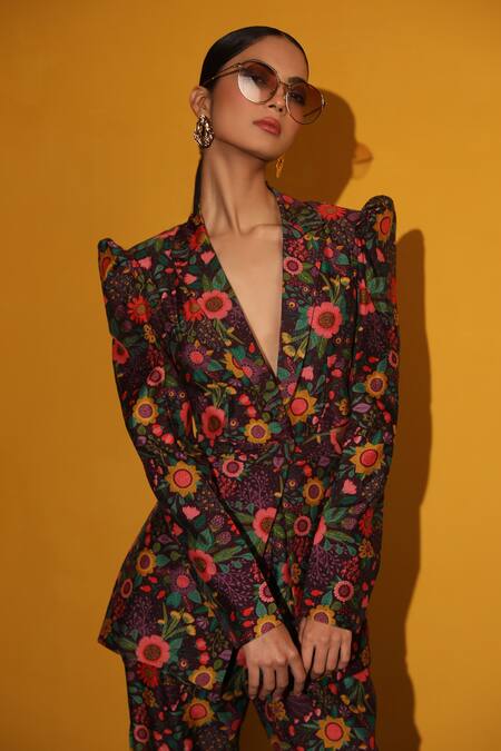 Miku Kumar_Purple Chanderi Silk Floral Print Collared Neck Elena Jacket And Pant Set_Online_at_Aza_Fashions