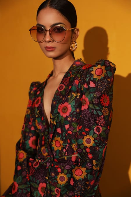 Shop_Miku Kumar_Purple Chanderi Silk Floral Print Collared Neck Elena Jacket And Pant Set_Online_at_Aza_Fashions