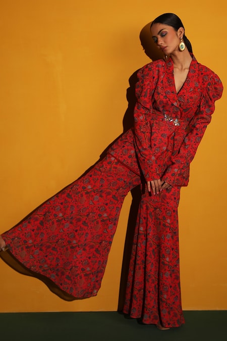 Miku Kumar_Red Georgette Floral Print Collared Neck Arabella Jacket And Gharara Set_Online_at_Aza_Fashions