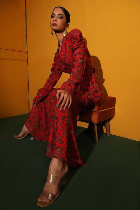 Buy_Miku Kumar_Red Georgette Floral Print Collared Neck Arabella Jacket And Gharara Set_Online_at_Aza_Fashions