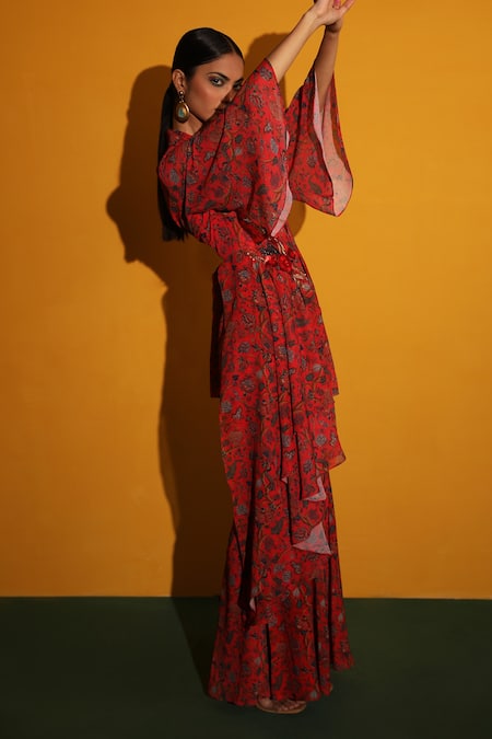 Miku Kumar_Red Georgette Floral Print Collared Neck Venice Asymmetric Jacket And Pant Set_Online_at_Aza_Fashions