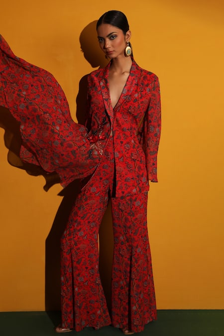 Buy_Miku Kumar_Red Georgette Floral Print Collared Neck Venice Asymmetric Jacket And Pant Set_Online_at_Aza_Fashions