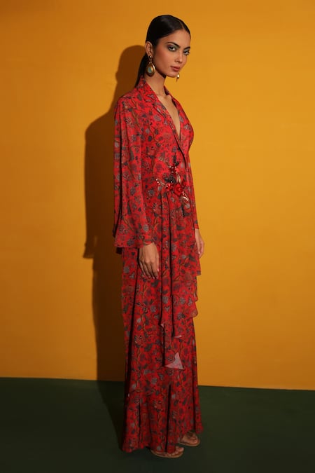Shop_Miku Kumar_Red Georgette Floral Print Collared Neck Venice Asymmetric Jacket And Pant Set_Online_at_Aza_Fashions