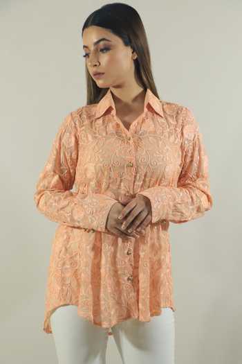 Daljit Sudan_Peach Georgette Aari Collared Neck Embroidered Shirt_Online_at_Aza_Fashions