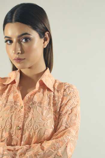 Buy_Daljit Sudan_Peach Georgette Aari Collared Neck Embroidered Shirt_Online_at_Aza_Fashions