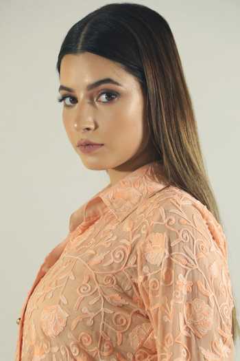 Shop_Daljit Sudan_Peach Georgette Aari Collared Neck Embroidered Shirt_Online_at_Aza_Fashions