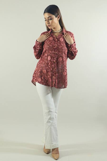 Daljit Sudan_Maroon Georgette Aari Collared Neck Embroidered Shirt_Online_at_Aza_Fashions