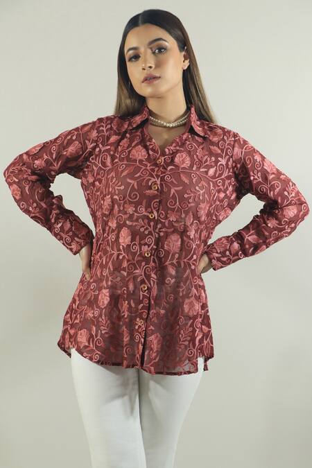 Buy_Daljit Sudan_Maroon Georgette Aari Collared Neck Embroidered Shirt_Online_at_Aza_Fashions