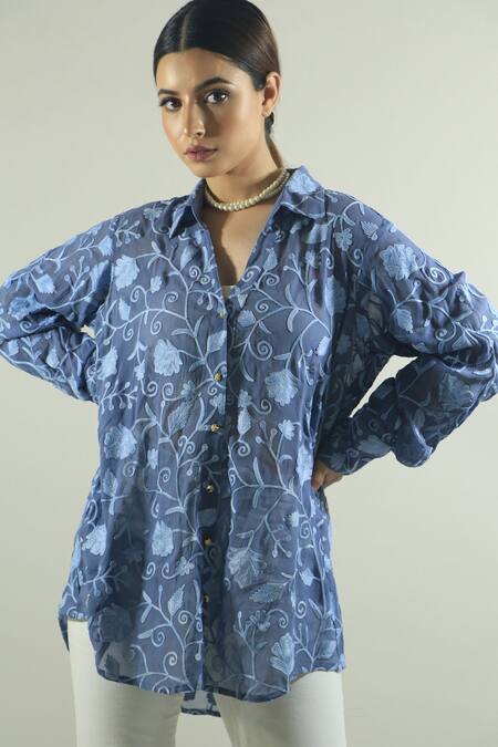 Daljit Sudan_Blue Georgette Aari Collared Neck Floral Embroidered Spread Shirt_Online_at_Aza_Fashions
