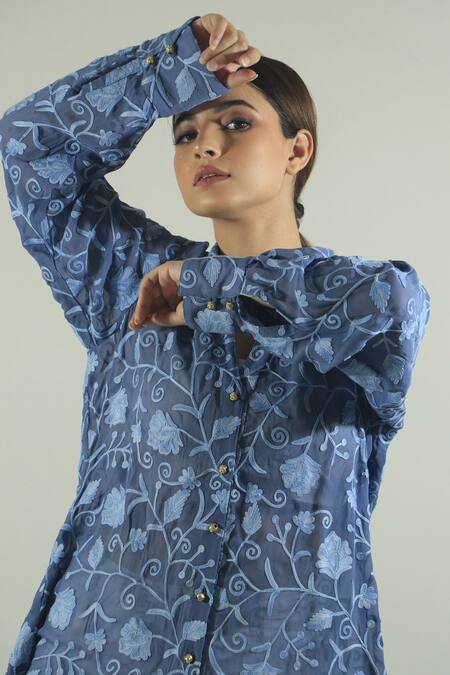 Buy_Daljit Sudan_Blue Georgette Aari Collared Neck Floral Embroidered Spread Shirt_Online_at_Aza_Fashions