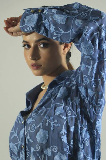 Shop_Daljit Sudan_Blue Georgette Aari Collared Neck Floral Embroidered Spread Shirt_Online_at_Aza_Fashions