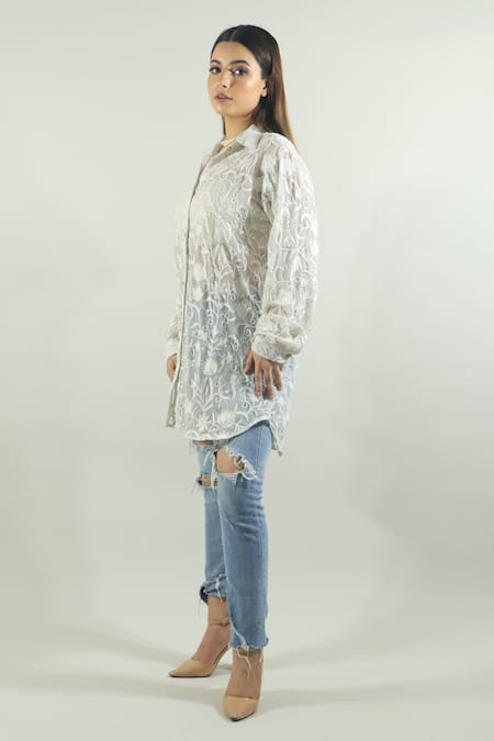 Daljit Sudan_White Georgette Aari Collared Neck Embroidered Shirt_Online_at_Aza_Fashions
