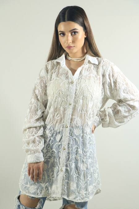 Buy_Daljit Sudan_White Georgette Aari Collared Neck Embroidered Shirt_Online_at_Aza_Fashions