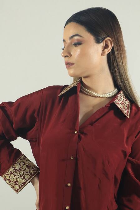 Buy_Daljit Sudan_Maroon Crepe Aari Collared Neck Embroidered Shirt_Online_at_Aza_Fashions