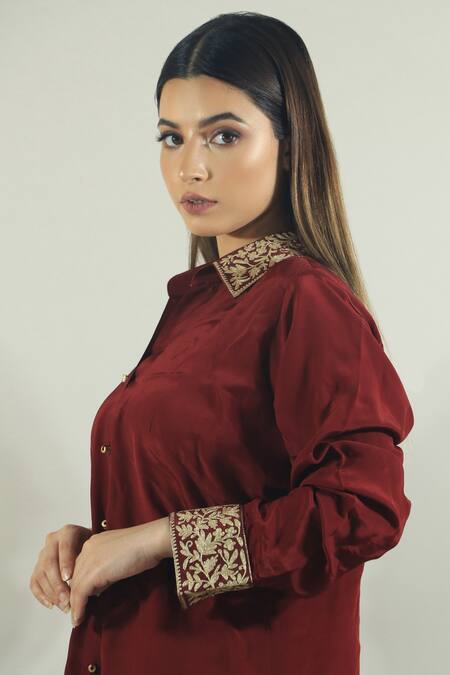 Shop_Daljit Sudan_Maroon Crepe Aari Collared Neck Embroidered Shirt_Online_at_Aza_Fashions