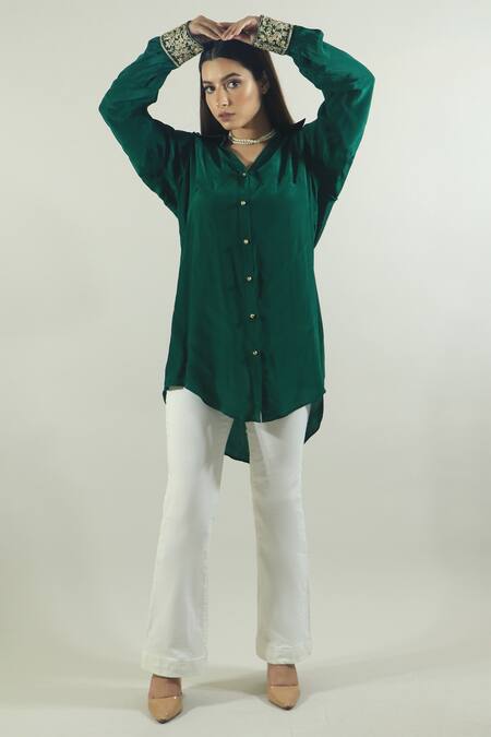 Daljit Sudan_Green Crepe Aari Collared Neck Embroidered Shirt_Online_at_Aza_Fashions