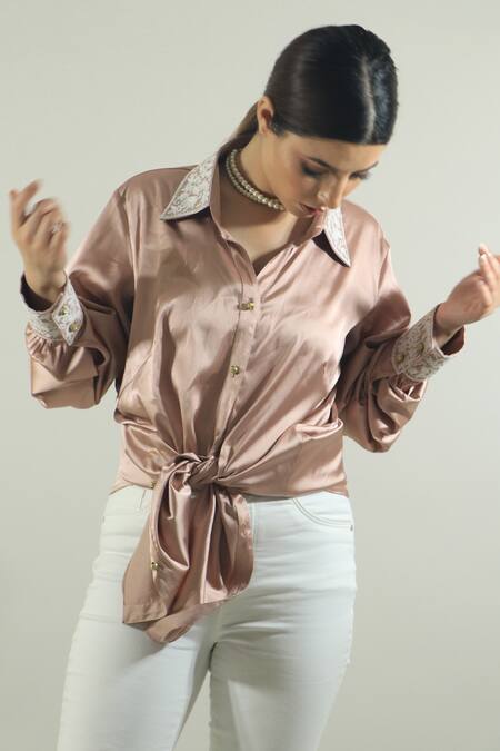Daljit Sudan_Pink Satin Aari Collared Neck Embroidered Shirt_Online_at_Aza_Fashions