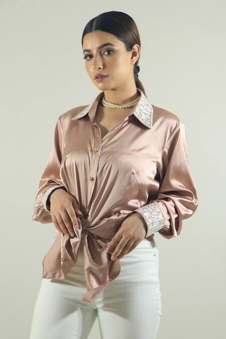 Buy_Daljit Sudan_Pink Satin Aari Collared Neck Embroidered Shirt_Online_at_Aza_Fashions