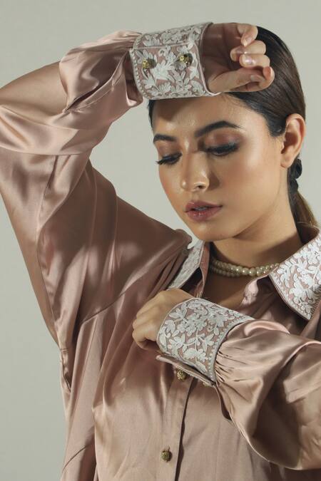 Shop_Daljit Sudan_Pink Satin Aari Collared Neck Embroidered Shirt_Online_at_Aza_Fashions