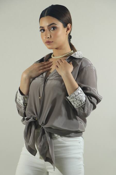 Buy_Daljit Sudan_Grey Satin Aari Collared Neck Embroidered Shirt_Online_at_Aza_Fashions