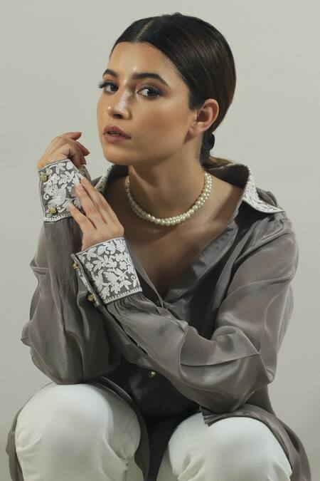 Shop_Daljit Sudan_Grey Satin Aari Collared Neck Embroidered Shirt_Online_at_Aza_Fashions