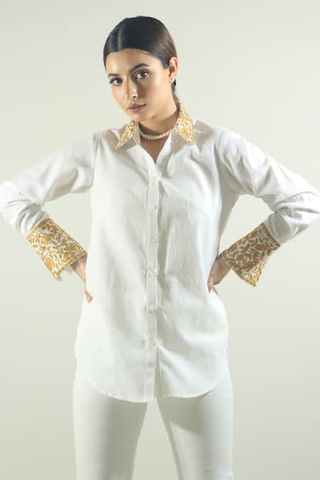 Daljit Sudan_White Linen Aari Collared Neck Embroidered Shirt_Online_at_Aza_Fashions
