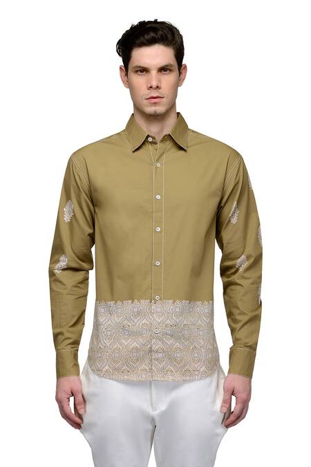 A!A By Abrar Ali_Brown Poplin Printed Floral Colorblock Shirt_Online_at_Aza_Fashions