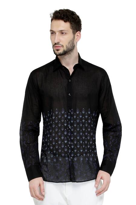 A!A By Abrar Ali_Black Poplin Printed Floral Cotton Shirt_Online_at_Aza_Fashions