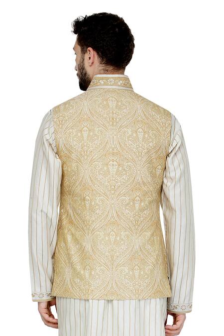 Shop A!A By Abrar Ali Beige Katan Floral Print Waistcoat at Aza Fashions Shop_A!A By Abrar Ali_Beige Katan Floral Print Waistcoat_at_Aza_Fashions