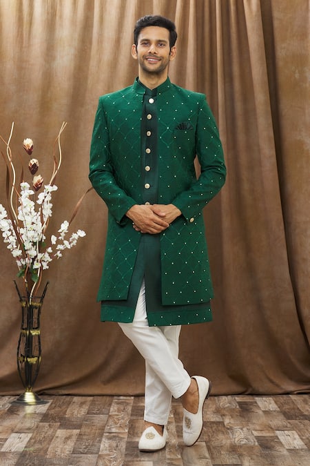 Arihant Rai Sinha Green Heavy Imported Silk Embroidered Thread Work Achkan And Kurta Set 