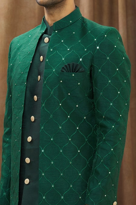 Shop Arihant Rai Sinha Green Silk Sequins, Embroidery Achkan And Kurta Set Online at Aza Fashions Shop_Arihant Rai Sinha_Green Silk Sequins, Embroidery Achkan And Kurta Set _Online_at_Aza_Fashions