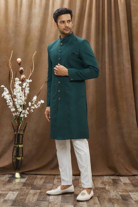 Buy_Arihant Rai Sinha_Green Silk, Brocade, Cotton Geometric Woven Sherwani Set_Online_at_Aza_Fashions