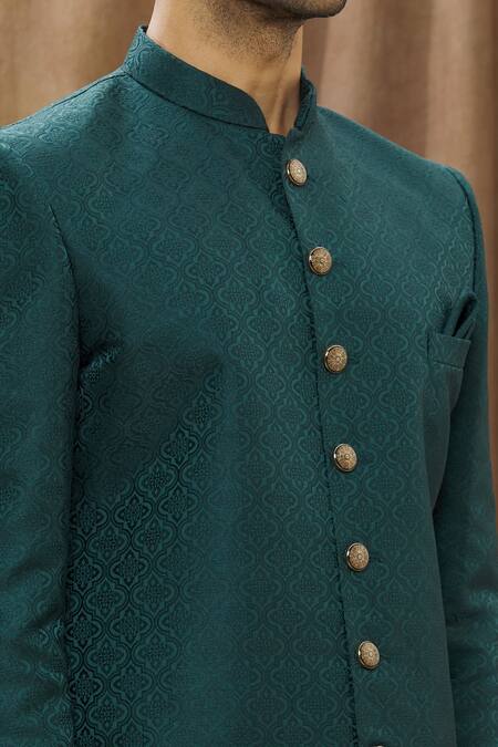 Shop_Arihant Rai Sinha_Green Silk, Brocade, Cotton Geometric Woven Sherwani Set_Online_at_Aza_Fashions