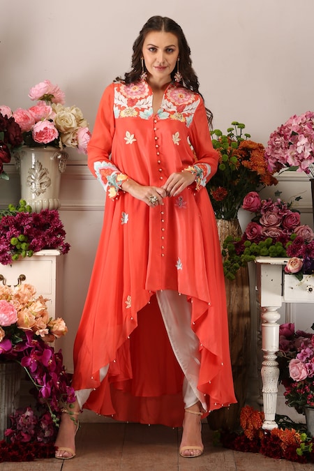 Seams Pret And Couture Orange Georgette Embroidered Leather Cutwork V Petal Tunic And Tulip Pant Set