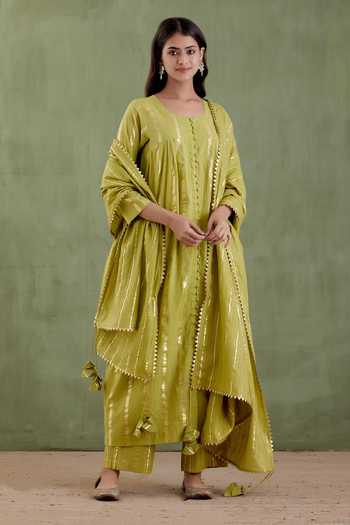 Musal Green 100% Cotton Metallic Striped Round Padmini Anarkali Set Online at Aza Fashions Musal_Green 100% Cotton Metallic Striped Round Padmini Anarkali Set _Online_at_Aza_Fashions