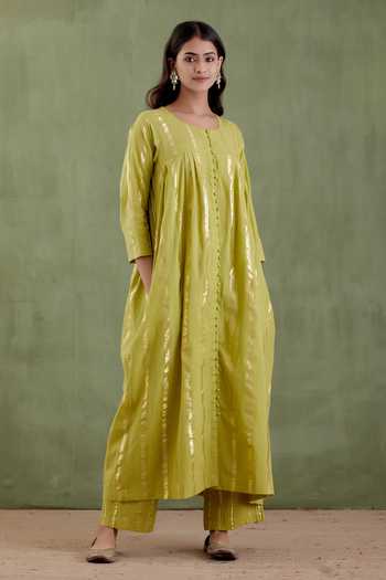 Shop Musal Green 100% Cotton Metallic Striped Round Padmini Anarkali Set Online at Aza Fashions Shop_Musal_Green 100% Cotton Metallic Striped Round Padmini Anarkali Set _Online_at_Aza_Fashions